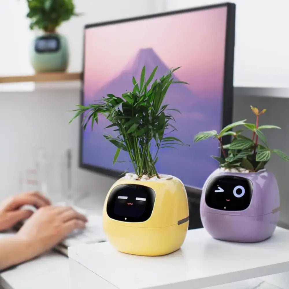 mart AI planter as a modern home decor piece with self-watering system and interactive design.