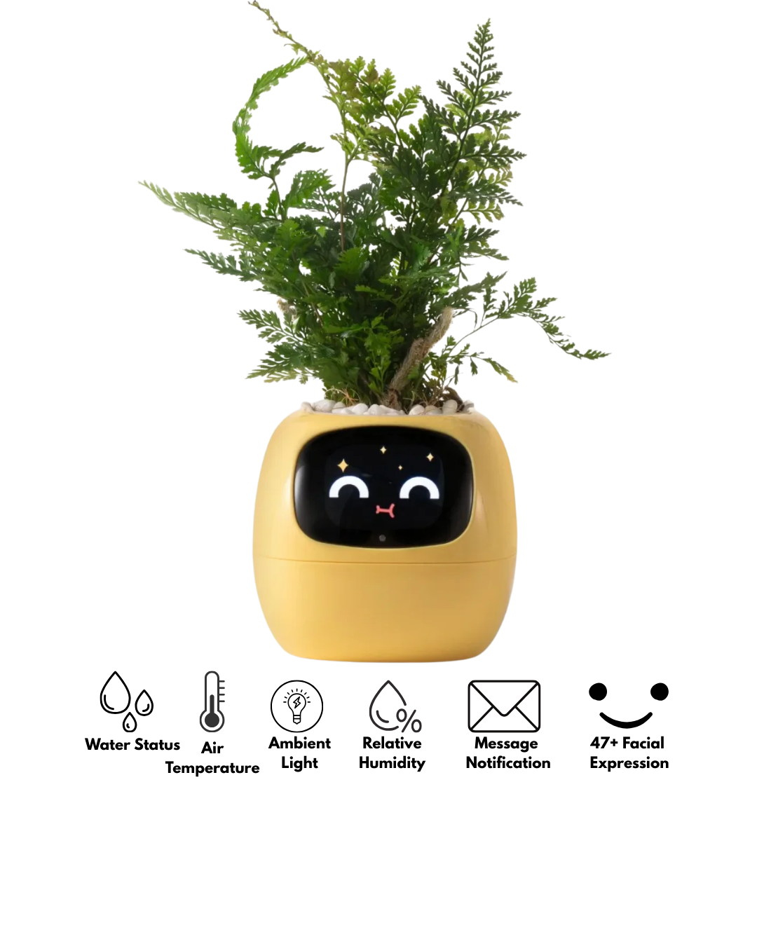Premium self-watering AI planter showing fun expressions, ideal gift for plant lovers and home office decor.