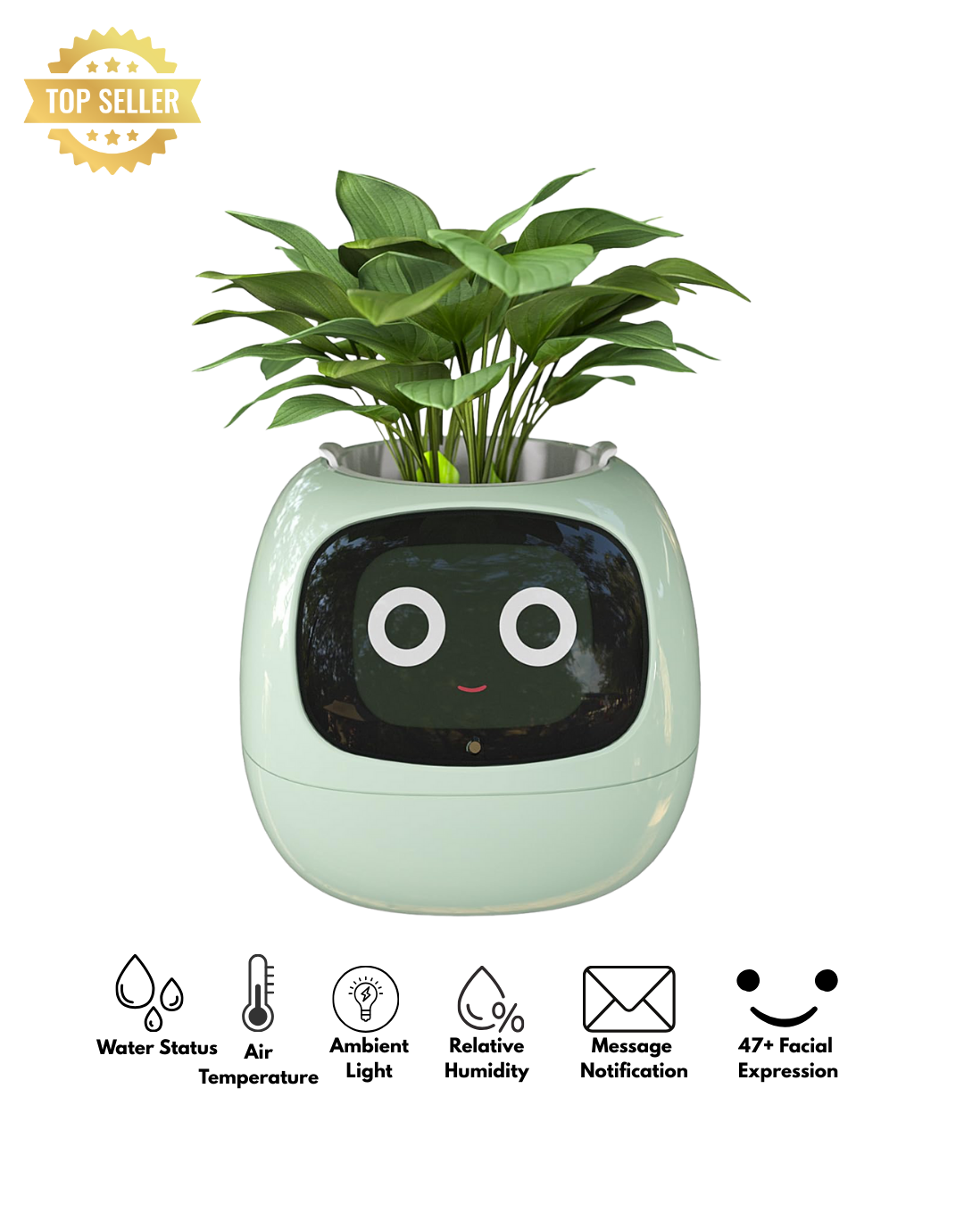 Smart AI planter with 49+ expressions and self-watering system, perfect for home decor and plant lovers.