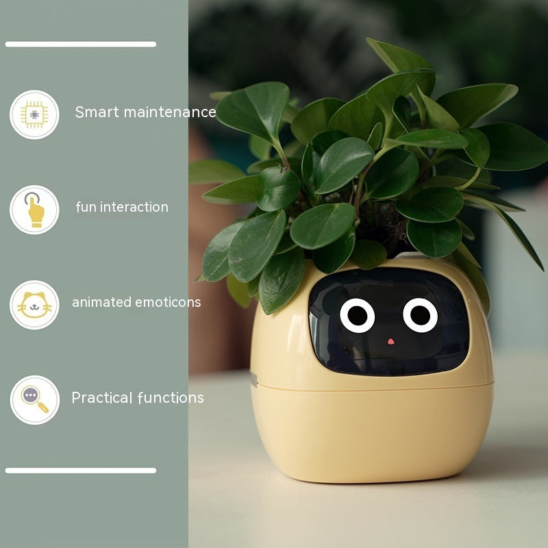 Smart AI self-watering planter with expressive digital faces, perfect for modern homes, offices, and unique gift ideas.